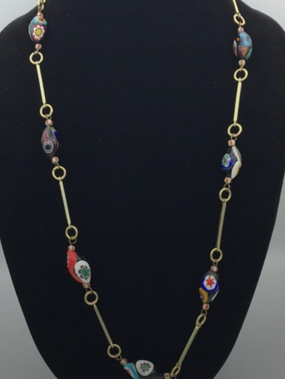 Vintage MuranoVenetian Millefiori Glass Bead Necklace with Gold-Tone Links